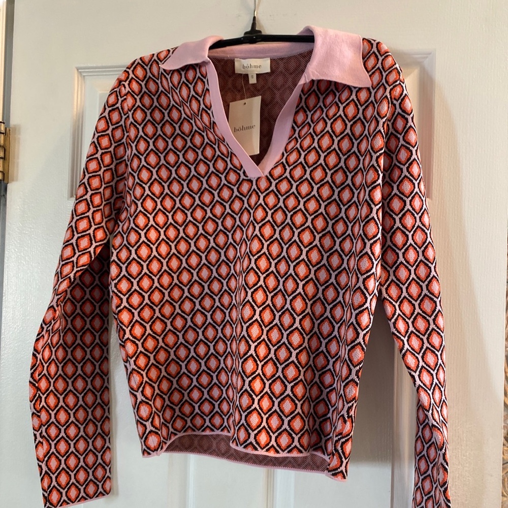 NWT-Bohme Retro Purple Orange Geometric Pullover Sweater Size S Long Sleeve
